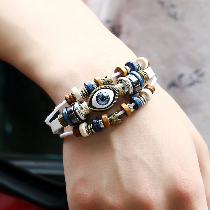 1 Piece Quantity Holiday, Travel Occasion Pu Leather Material Retro Eye Pu Leather Beaded Resin Men'S Bracelets Men Cord & Leather Bracelets