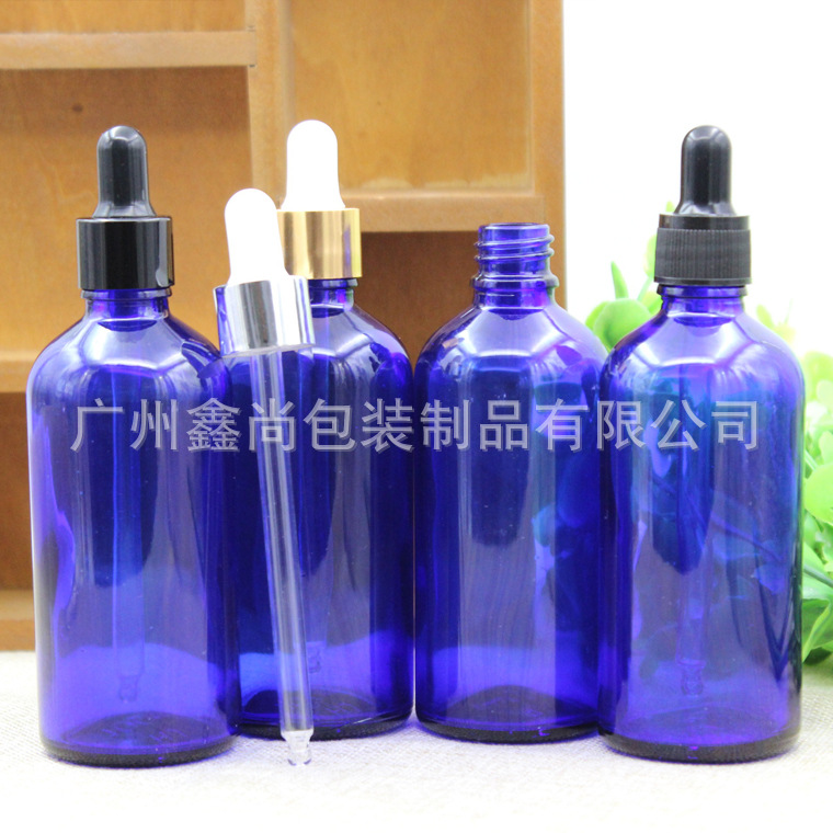 批发篮色玻璃精油瓶调配瓶100ml精华液香水滴管分装稀释包装空瓶