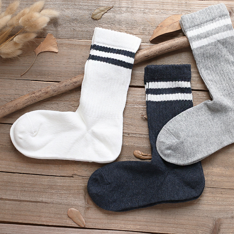 Women's Comfortable Right-Angle Spring, Autumn, and Winter Thick Ribbed Striped Mid-Calf Socks, Pure Cotton, Japanese Style, Plain Color, Casual and Versatile