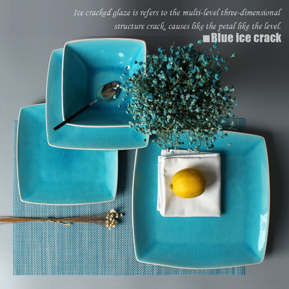 Creativa grieta de hielo azul cerámica de 10 pulgadas de 8 pulgadas placa cuadrada redonda cuadrada Bowl hotel restaurante cuadrado vajilla Placa de carne