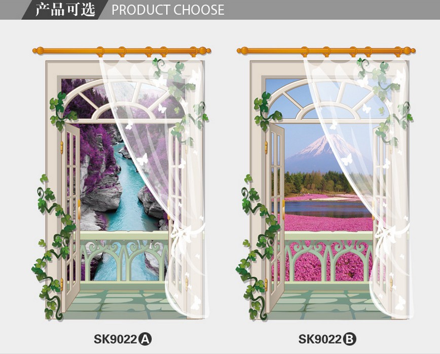 SK9022 外贸竖纱窗风景3d立体假窗户风景墙贴