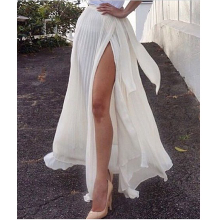 solid color crumpled slim slit long skirt NSYHC126349