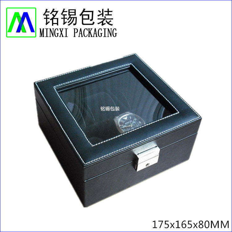 深圳产六支装黑色皮革手表盒 开窗手表展示盒 多只装收纳表盒