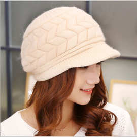 韩版秋冬双层针织鸭舌帽 双箭头帽兔毛帽子加厚保暖毛线帽子女士