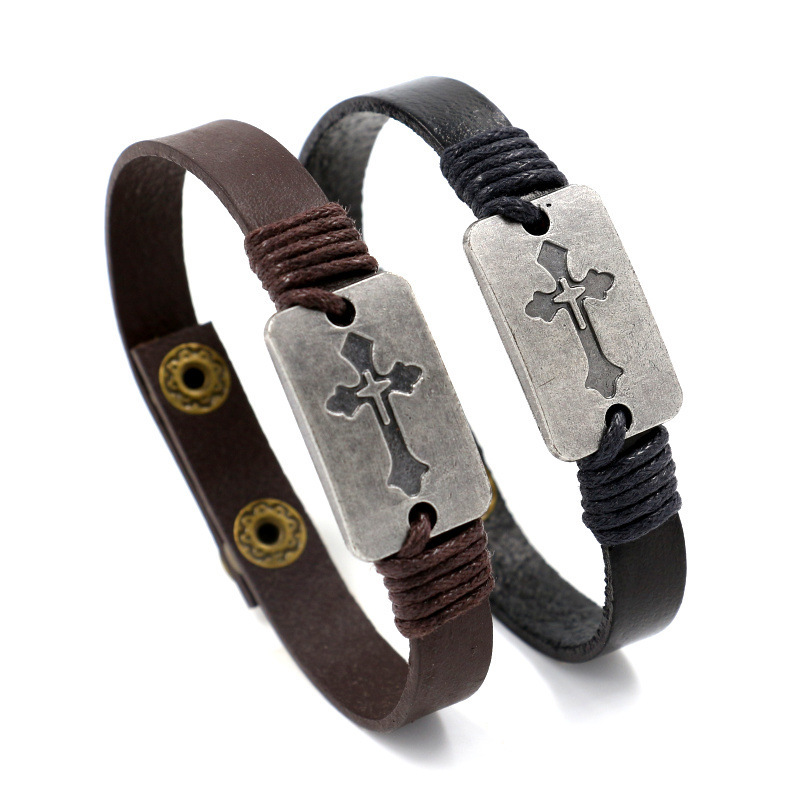 Factory direct cowhide bracelet men's and women's alloy cross brand woven snap bracelet vintage jewelry