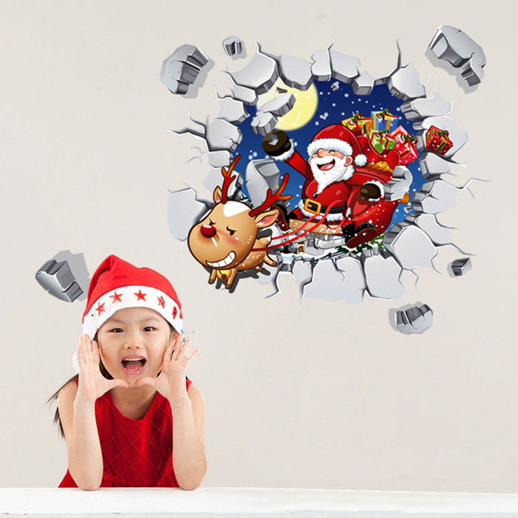 创意ABQ6005圣诞老人3D效果墙贴幼儿园衣柜背景装饰画PVC贴纸