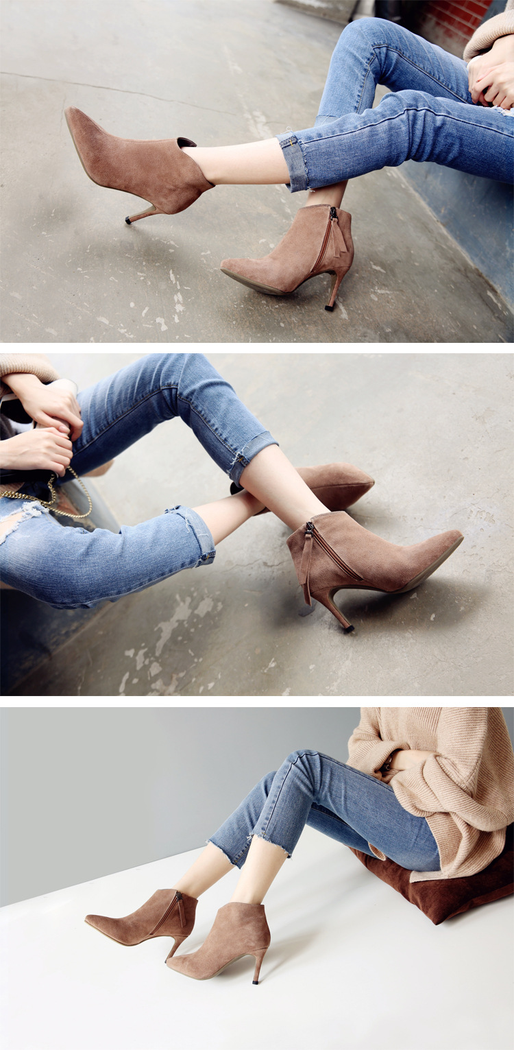 韩版2016秋冬季尖头女靴子粗跟真皮短靴侧拉链牛筋底马丁靴高