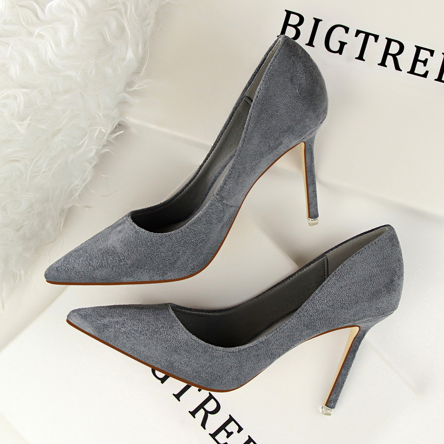 516-1 Korean Style Fashion Simple Stiletto High Heels Shallow Mouth Pointed Toe Suede Sexy Slimming Professional OL_vogvips.com