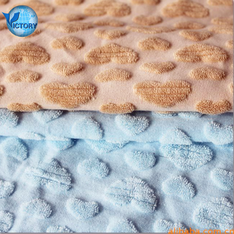 提花CVC毛巾布服装面料针织纬编3D凸点提花天鹅绒毛圈布毛巾布料