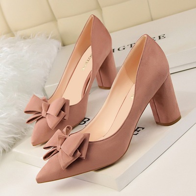 1376-1 a han edition shoes high heels round sweet mouth with thick with high with shallow point suede bow single shoes