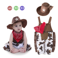嬰兒童裝 夏背帶連體衣 西部牛仔哈衣 寶寶爬服配三角巾+帽