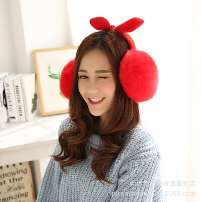 可爱兔耳朵蝴蝶结仿兔毛耳套男女耳罩冬季保暖超大耳暖包耳捂|ru