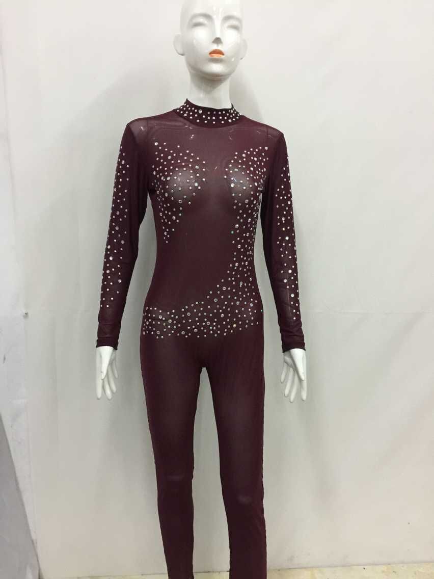 Sexy Womens Rhinestone Crystal Sheer Long Sleeve Bodycon Bodysuit