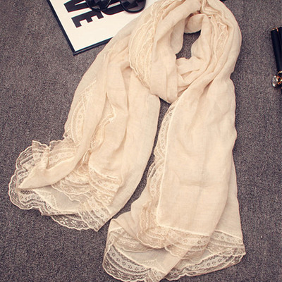 秋冬新款棉麻单色蕾丝花边丝巾围巾亚麻扎染秋款时尚披肩批发|ru