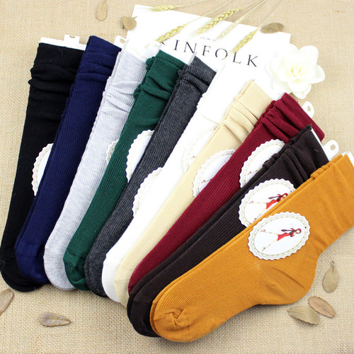 Pile socks for women, Japanese autumn and winter cotton thin women's socks, solid color retro forest style short boot socks, long socks