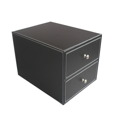直供黑色皮革双层文件柜 商务简约桌面大拉手文件资料整理收纳柜