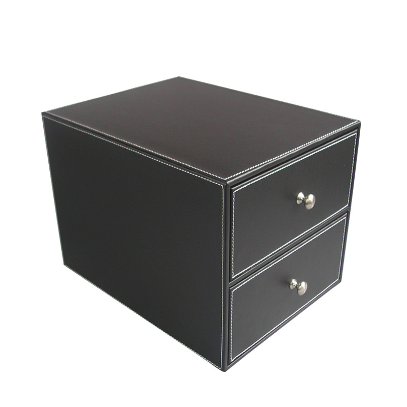 直供黑色皮革双层文件柜 商务简约桌面大拉手文件资料整理收纳柜
