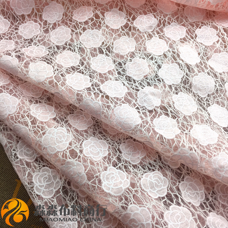 新服装布料 淡粉色镂空可爱玫瑰花水溶蕾丝 披肩罩衫童装印花面料