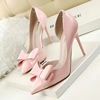 Korean sweet high heeled shoes thin heel high heel shallow mouth pointed sexy hollow patent leather bow women’s single s