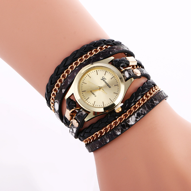 Women'S Winding Watch Popular Leopard Weave Bracelet Watch Alloy Bar Nail Face Quartz Watch