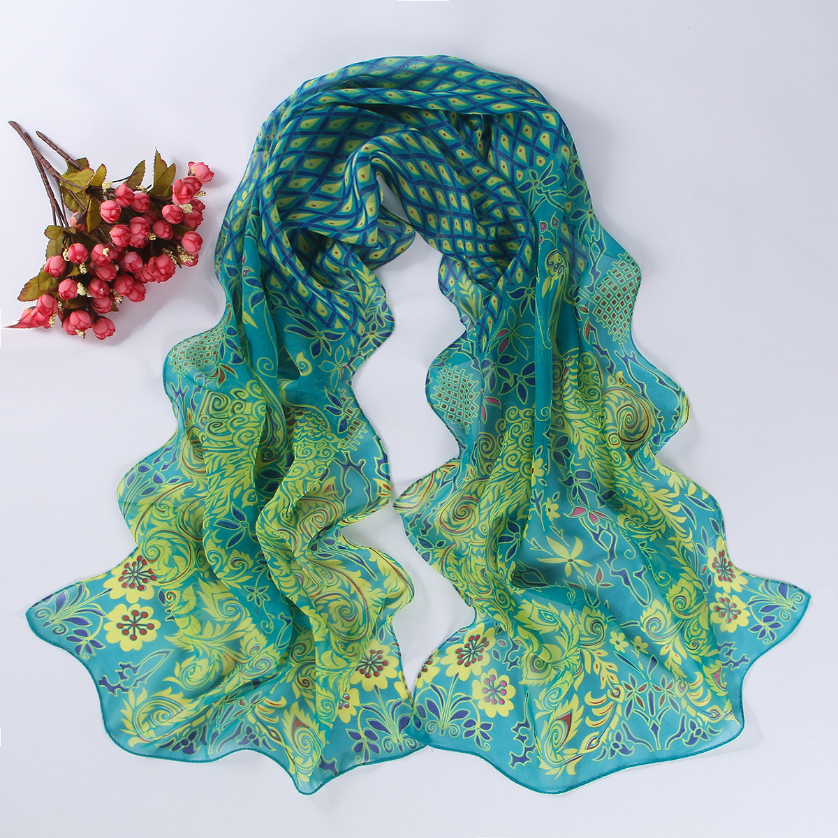 厂家直销春季丝巾 孔雀图案防嗮沙滩巾雪纺纱巾 长款披肩|ms