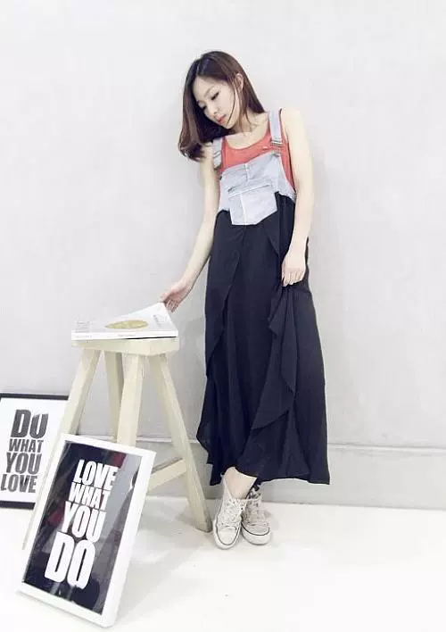 Thời trang mới xúng xính váy lỏng dây đeo váy voan váy denim dây đeo váy đầm lớn đầm sơ mi dài hàn quốc