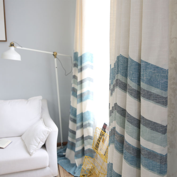 預付享折扣簡約小清新藍色系十字印花仿麻遮光布 窗簾成品定制