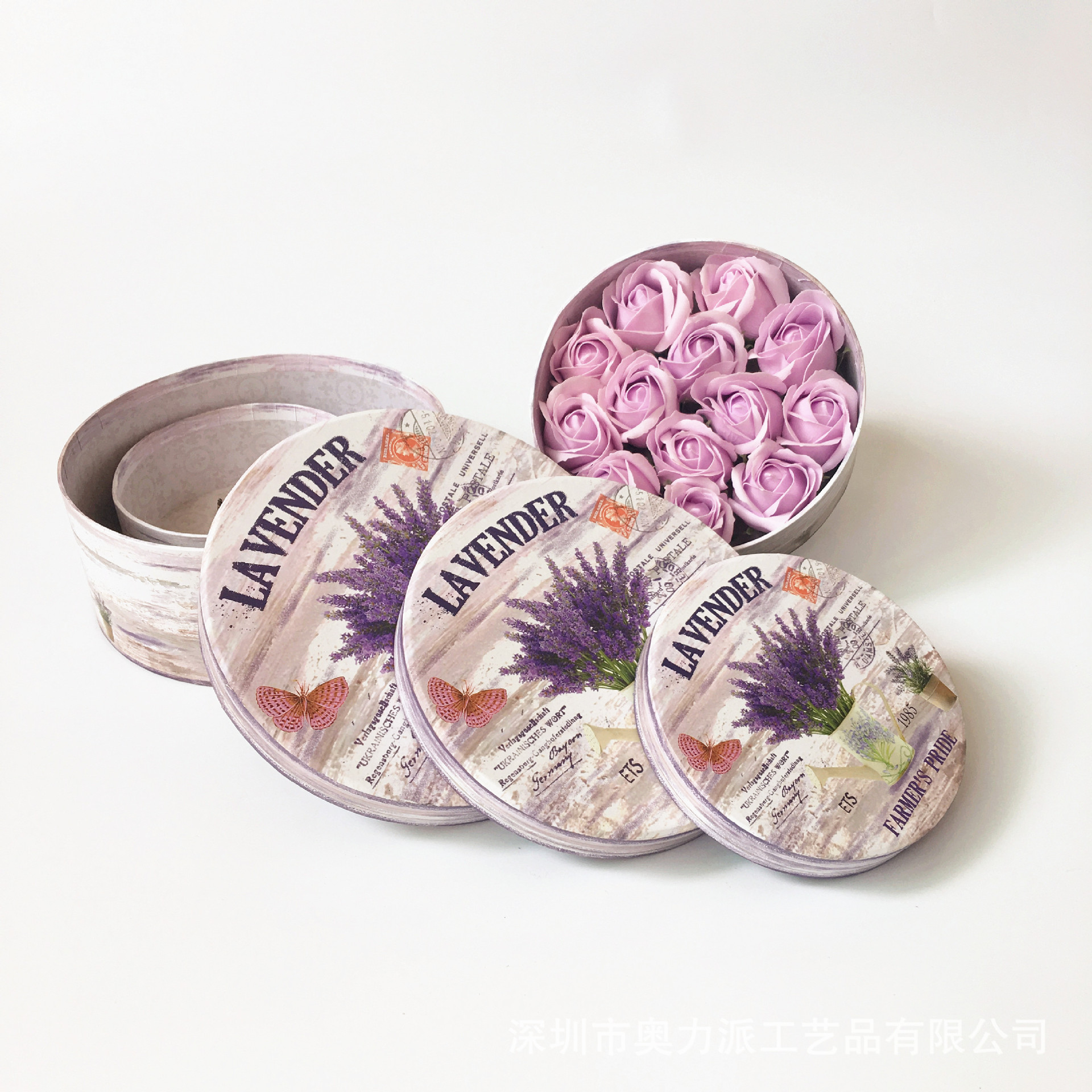 现货圆形鲜花盒三件套薰衣草礼品包装盒圆桶盒香皂花盒礼物盒