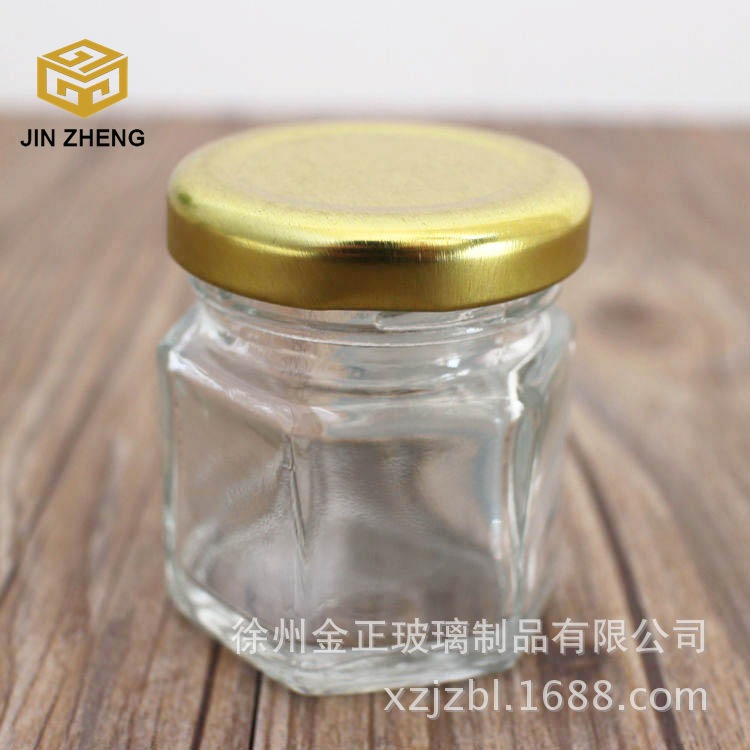 厂家批发精美30ml小容量蜂蜜罐 配套马口铁盖 六棱玻璃罐喜蜜罐