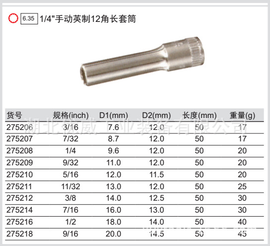 供应GENIUS天赋工具1/4″手动英制12角长套筒275506-275518