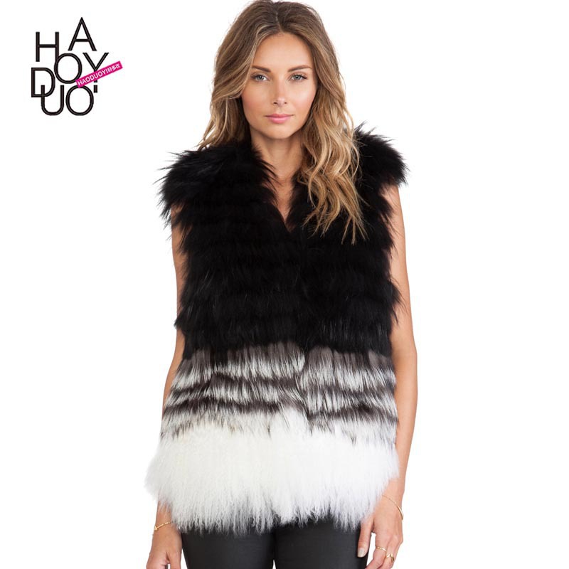 Haoduoyi 2020冬季女裝新款 歐美時尚前後拼接漸變色馬夾皮草