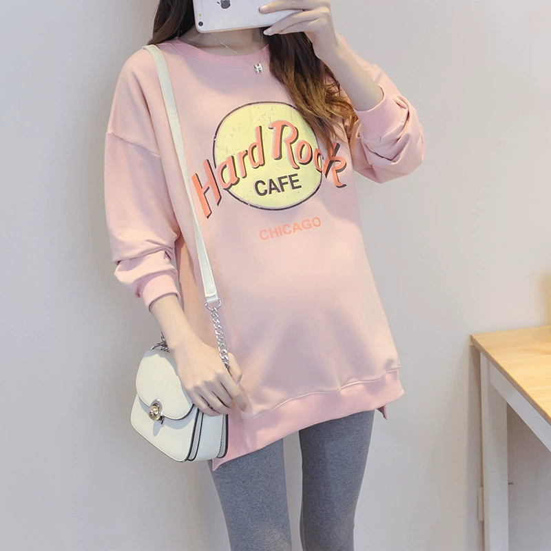 Demi-season long-sleeve for pregnant, fleece long sweatshirt, Korean style, increased thickness, mid-length, plus size