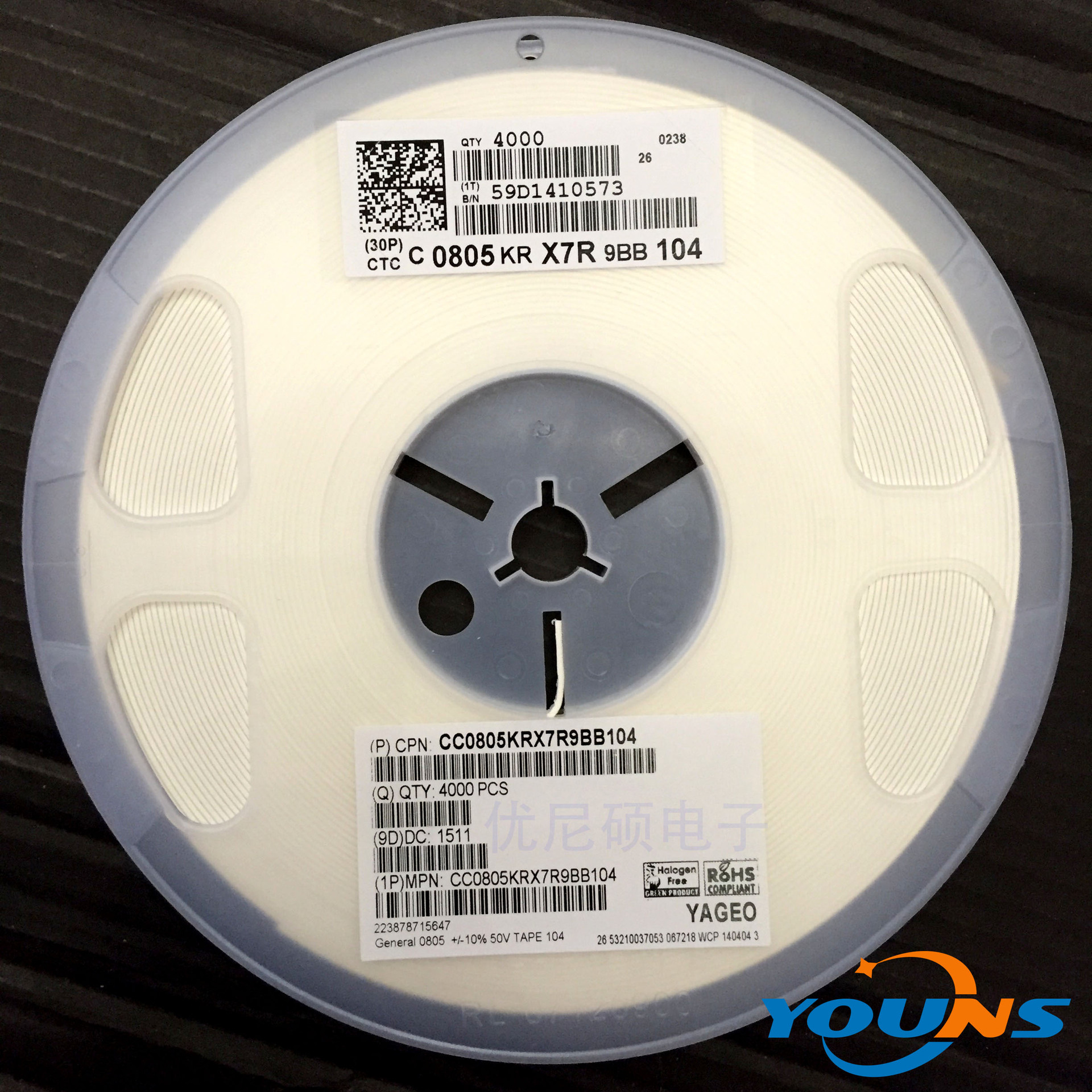 原装国巨电容 CC0805KRX7R9BB104 0805 0.1UF 104K 50V 10%