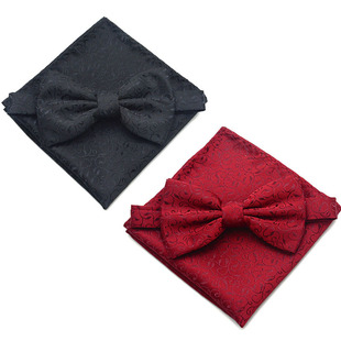 Trendy Men's Dress Wedding Groom Best Man Bow Breast Towel Wine Red Black Pattern Bow Tie Pocket Towel suit