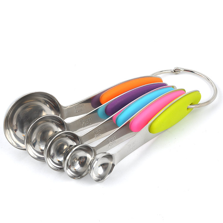 Factory wholesale 10-piece stainless steel measuring spoon kitchen baking measuring spoon suit round silicone handle measuring cup