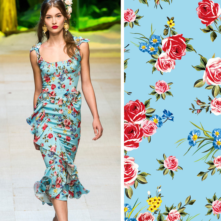 17早春面料新款  欧美大牌秀场D家同款女装连衣裙玫瑰印花面布料