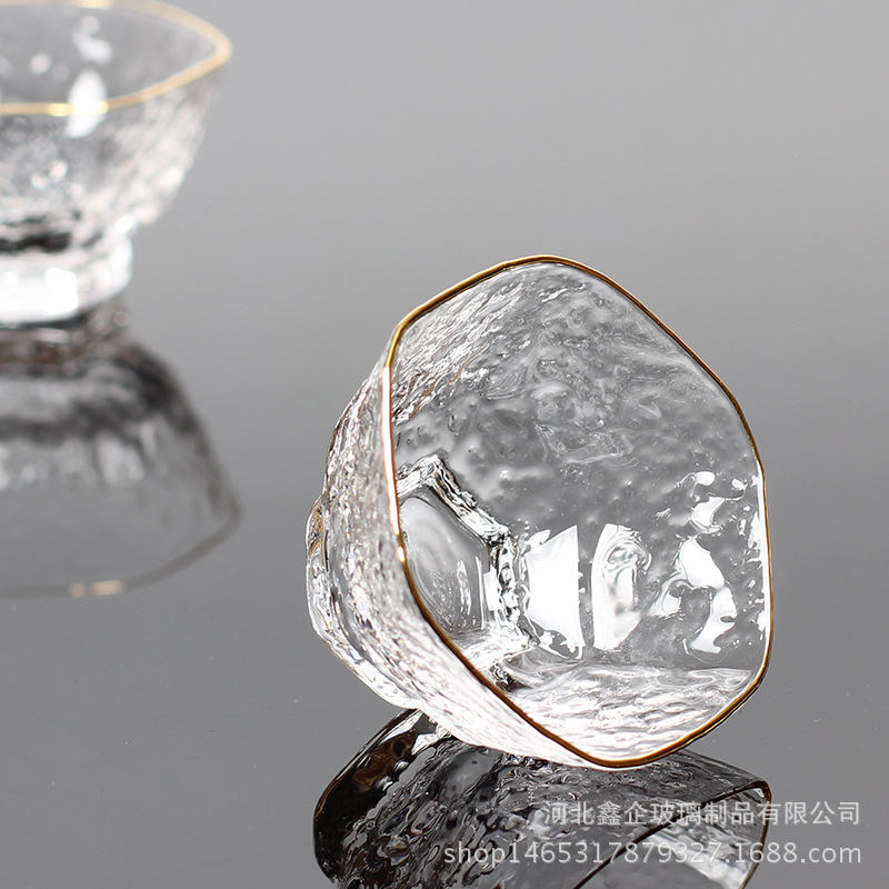 锤目纹水晶玻璃茶杯酒杯耐热透明功夫茶具六方品杯