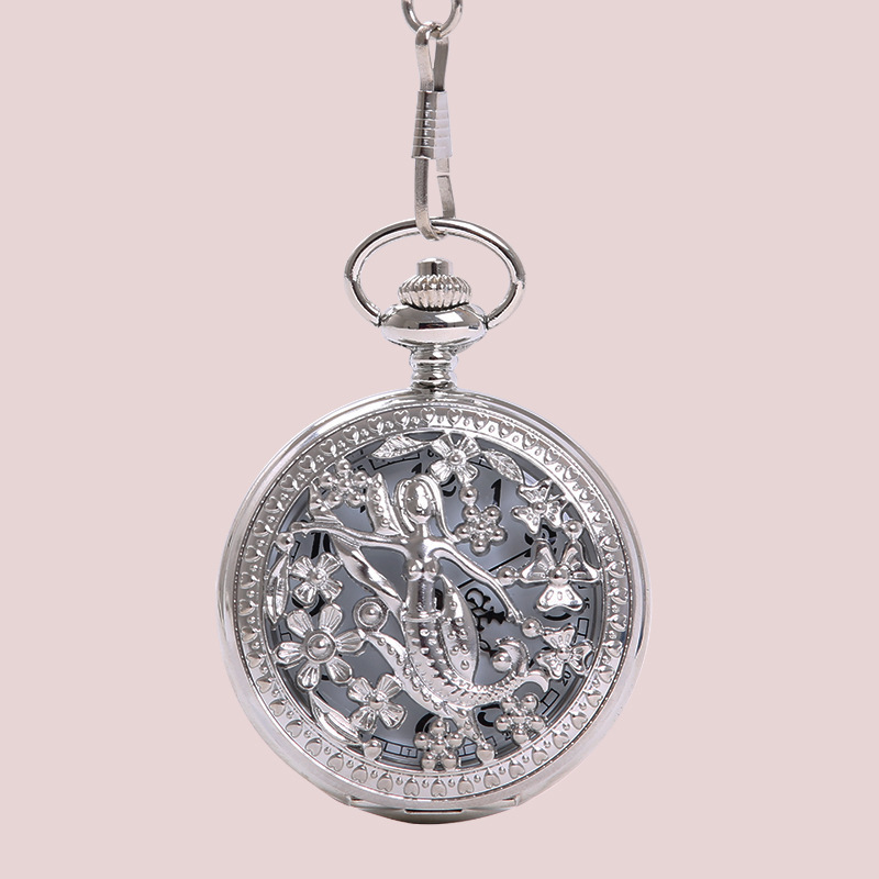 Large Silver Four-leaf Mermaid Pocket Watch Imitation Court Vintage Cutout Quartz Pocket Watch 8002