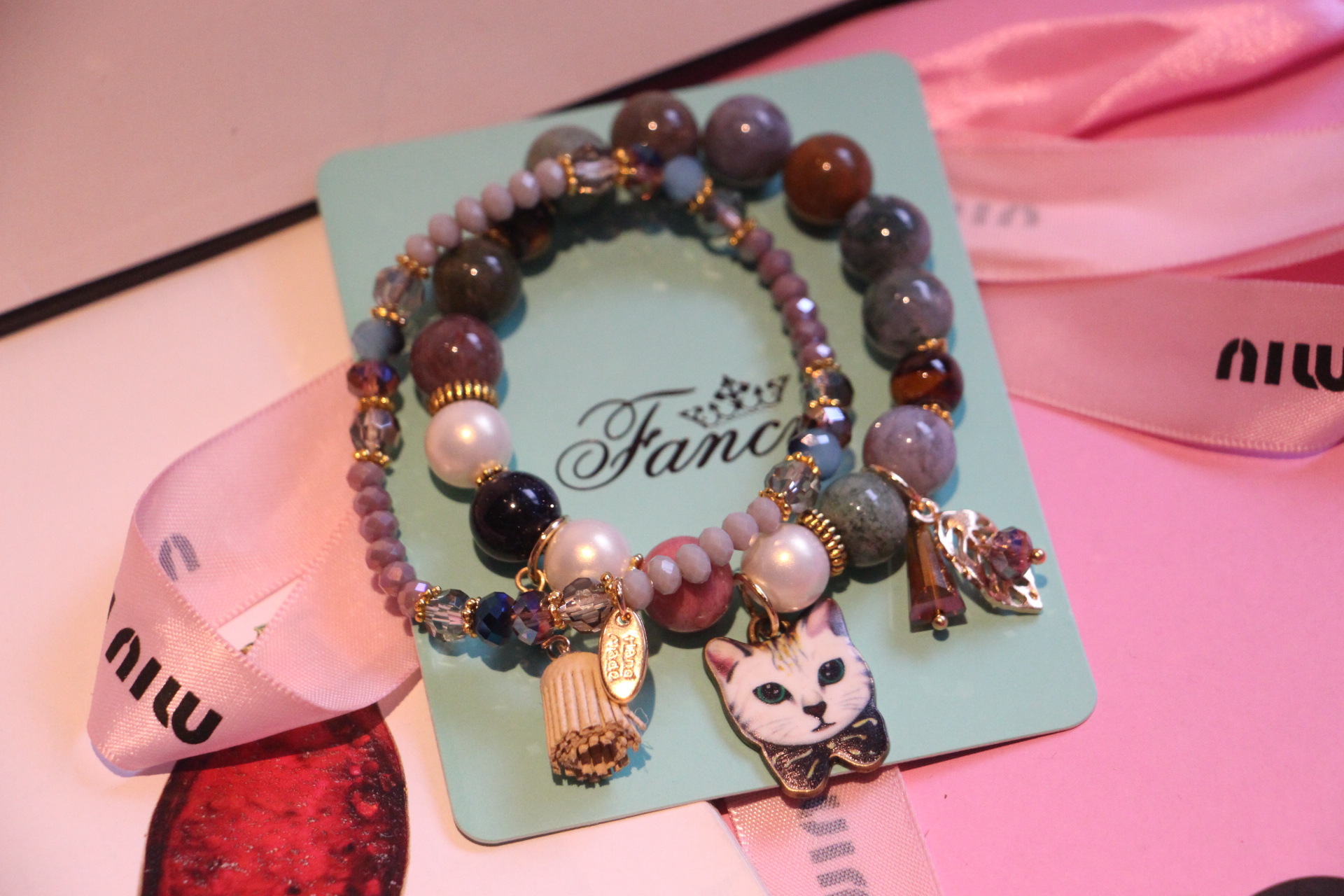 Fashion Cat Artificial Crystal Agate Beaded Bracelets 1 Piece