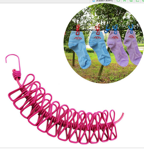 Creative outdoor clothesline with clips clothesline travel portable retractable windproof elastic rope with 12 clips