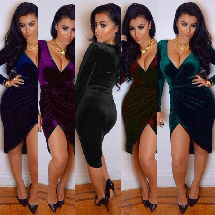 速卖通跨境2020秋季新款金丝绒低胸深V露腿弹力性感夜店连衣裙