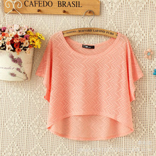 批发春夏新款女装网衫短袖T恤套头宽松大码蕾丝钩花短款镂空罩衫