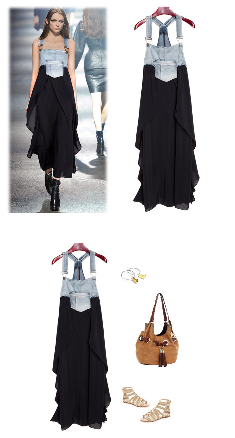 Thời trang mới xúng xính váy lỏng dây đeo váy voan váy denim dây đeo váy đầm lớn đầm xòe dài qua gối