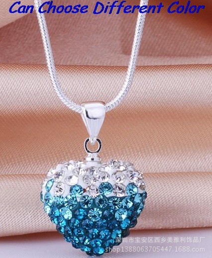 镀银12*14mm 软陶满钻球 蛇链桃心香巴拉项链渐变吊坠