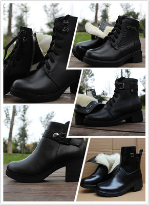 羊毛女靴冬季新款军靴棉鞋粗中跟中年短靴真皮马丁靴棉靴|ru