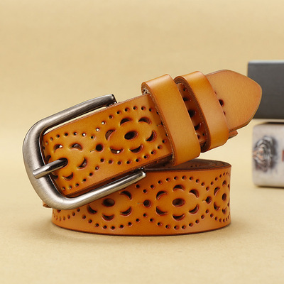 爆款複古韓版镂空針扣牛皮皮帶寬廠家直銷真皮腰帶女古皮帶古皮帶