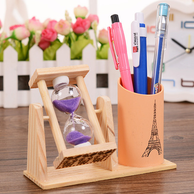 student gift rotate hourglass pen container originality timer Decoration to work in an office Stationery woodiness Pen Holder Arts and Crafts