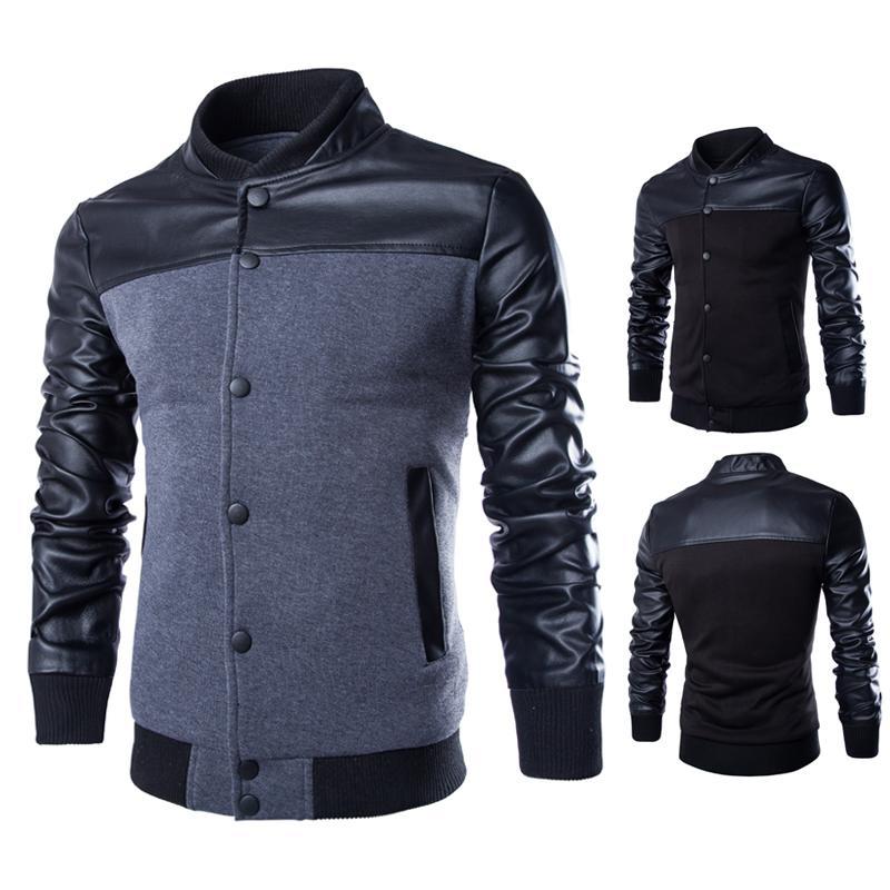 外贸批发2015新款时尚PU皮拼接设计男款卫衣英伦修身立领夹克外套