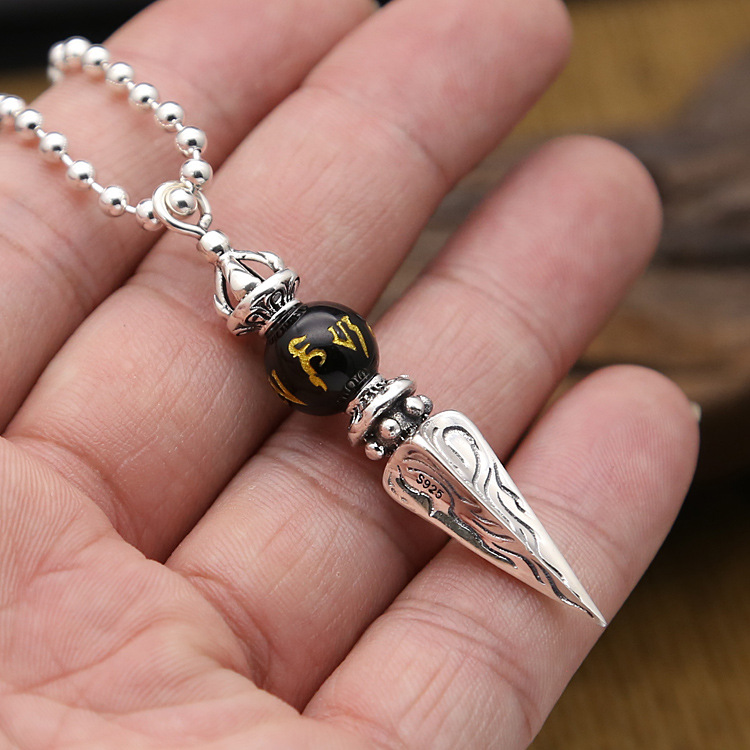 批发S925纯银饰品复古泰银金刚杵法器玛瑙球六字真言男女款吊坠