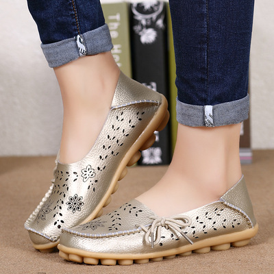 厂家批发洞洞平底女凉鞋夏单鞋豆豆鞋真皮休闲女中老年大码妈妈鞋